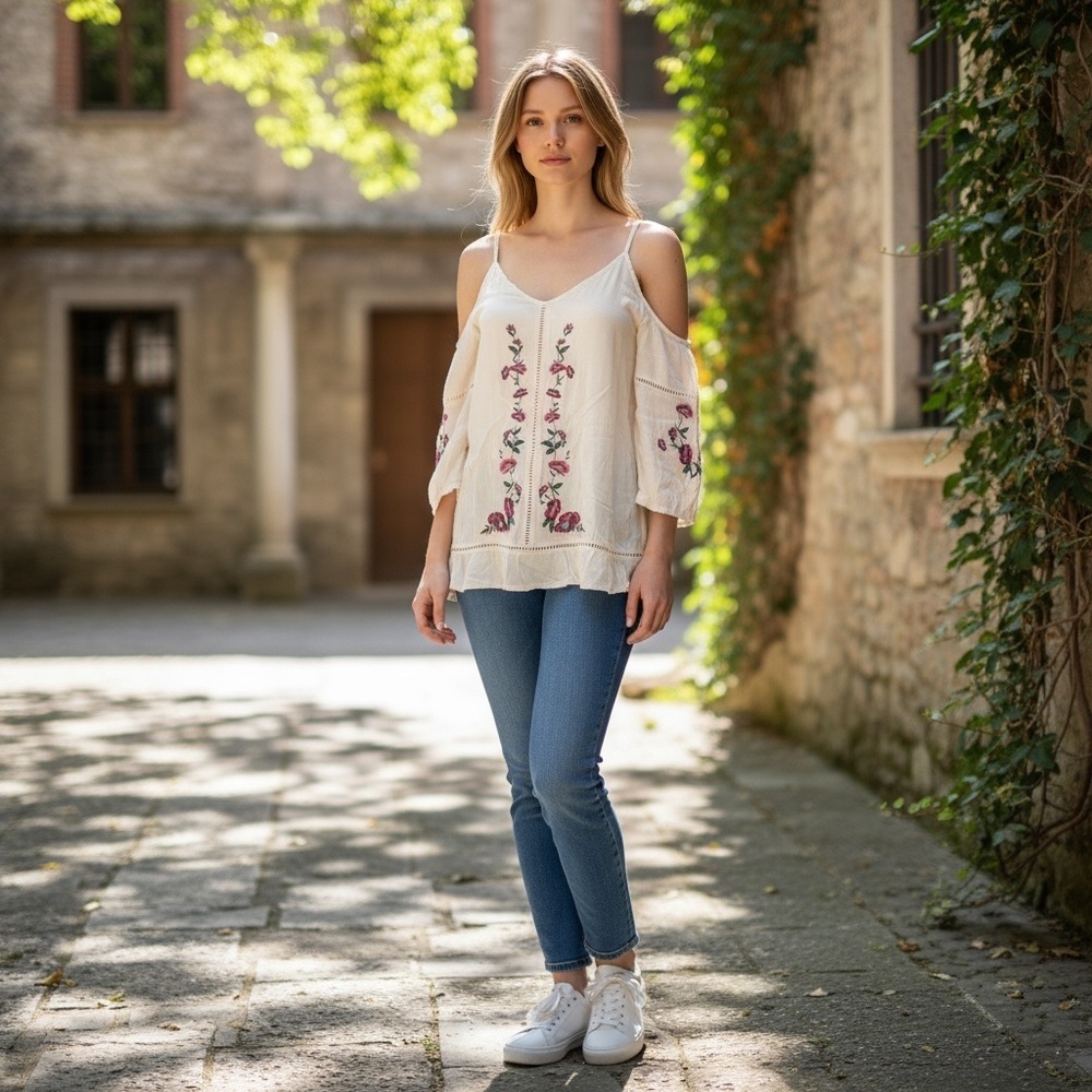Umgee Ivory Cold Shoulder Floral Embroidered Top
New